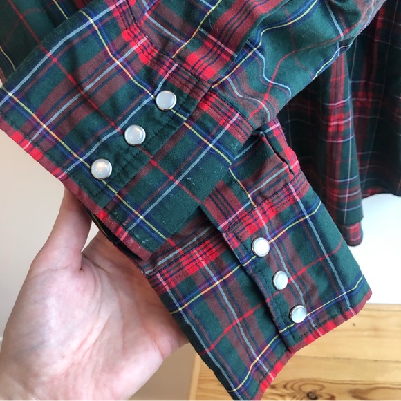 Wrangler Vintage Red Green Plaid Cotton button up X-LONG TAILS 17-36 TALL - Picture 7 of 13